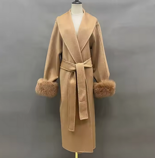 Cashmere Wool Coat with Fox Fur Cuffs