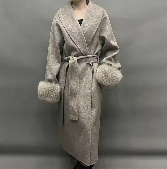 Cashmere Wool Coat with Fox Fur Cuffs